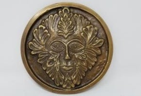 Solid Brass GREEN MAN Altar Tile Honey Gold Finish 3.5" Round